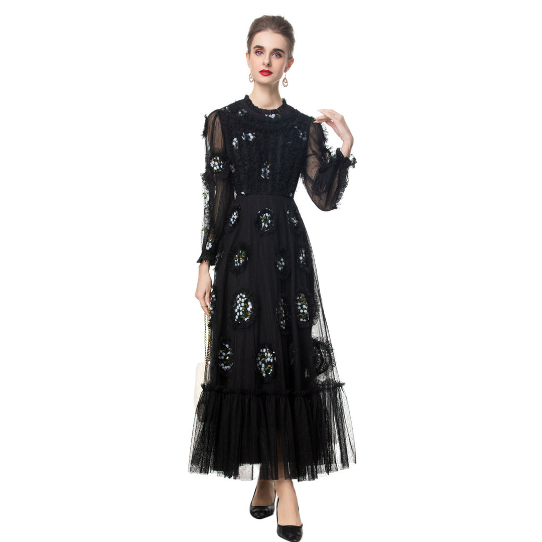 beaded tulle midi gown with sheer puff sleeves – NOIR BLOOM