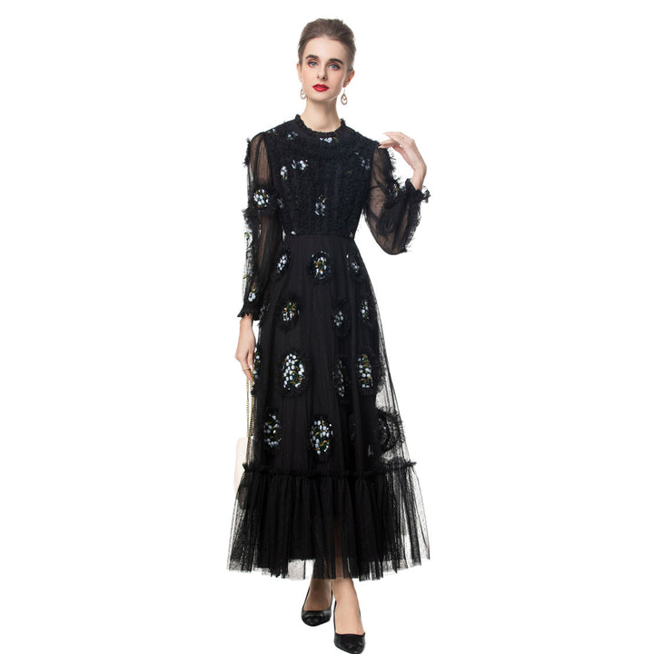 beaded tulle midi gown with sheer puff sleeves – NOIR BLOOM