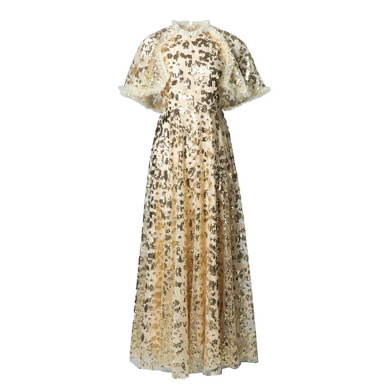 sequin lace midi gown with flutter sleeves – AURÉLIA