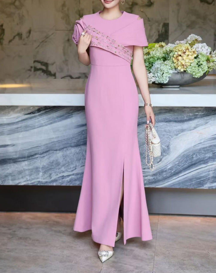 asymmetric embellished shoulder gown – AMARA