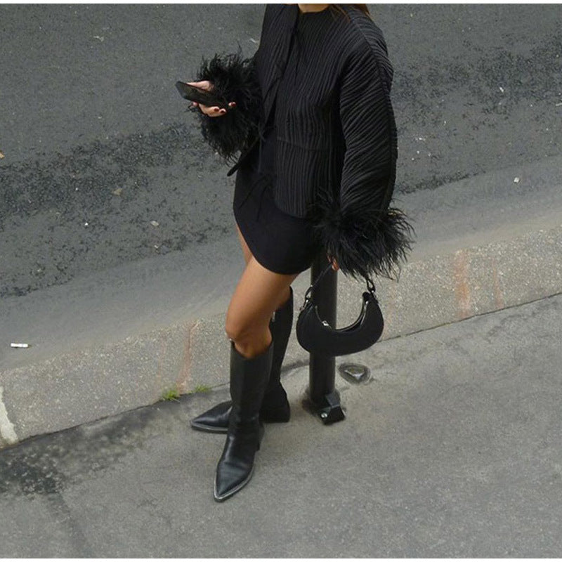 جاكيت مبطن بأكمام مزينة بالريش - بوغتار