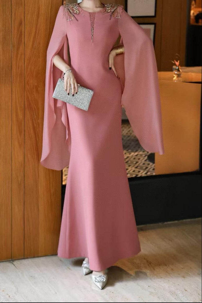 cape-sleeve mermaid dress with embellished shoulders – ROSABELLE