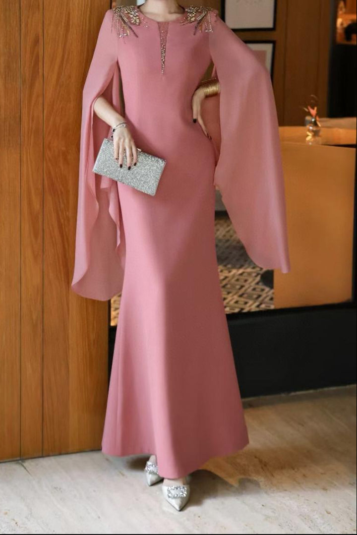 cape-sleeve mermaid dress with embellished shoulders – ROSABELLE