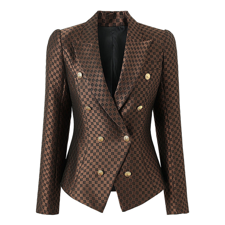 Monogram jacquard double-breasted blazer with gold buttons – BRONZE