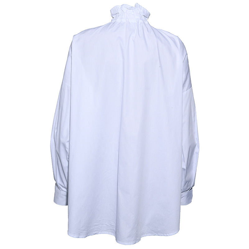 High-Neck Ruffled Blouse with Jewel Button – EMERALD