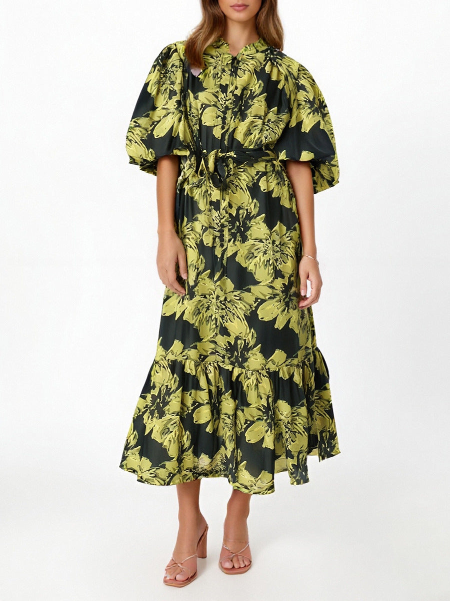 puff-sleeve floral midi dress with belted waist – IVYNZI