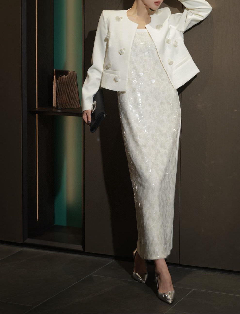 sleeveless sequin column dress with embellished cropped blazer – AURORA