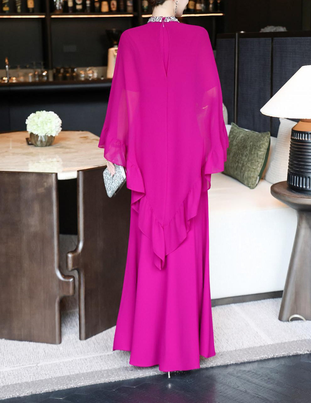 black cape-overlay gown with ruffled chiffon tier – ELIORA