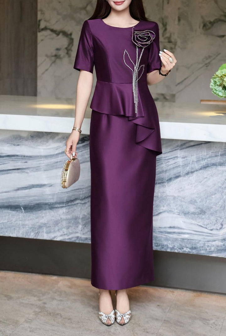 peplum midi dress with beaded floral applique – ASTRID