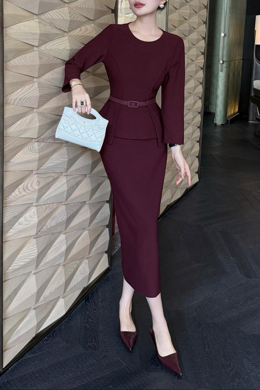 peplum midi dress with belted waist – MAROON