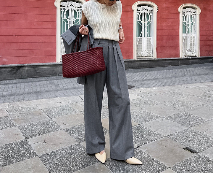 pleated high-waist tailored pants with draped front panel – LÉONE