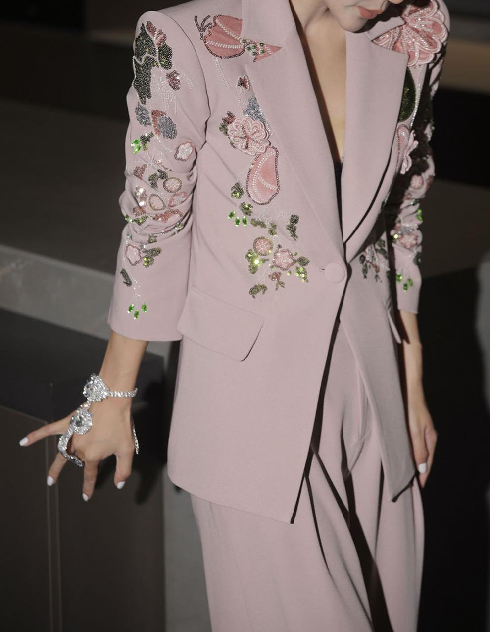 embroidered tailored blazer set with wide-leg pants – BLUSH ROSE