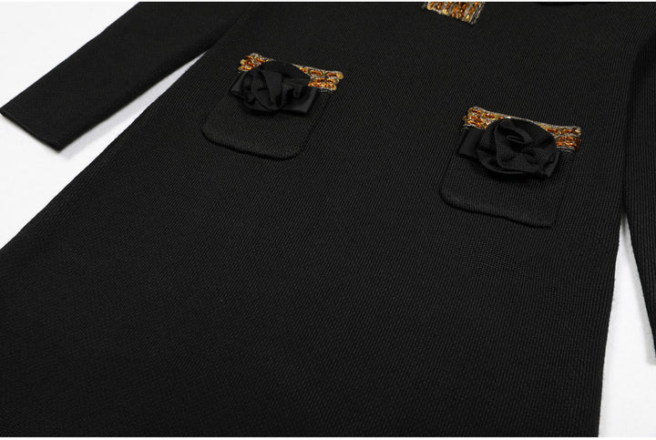 فستان قصير بأكمام طويلة مع حواف من الترتر وزخارف نباتية – كوليتيج