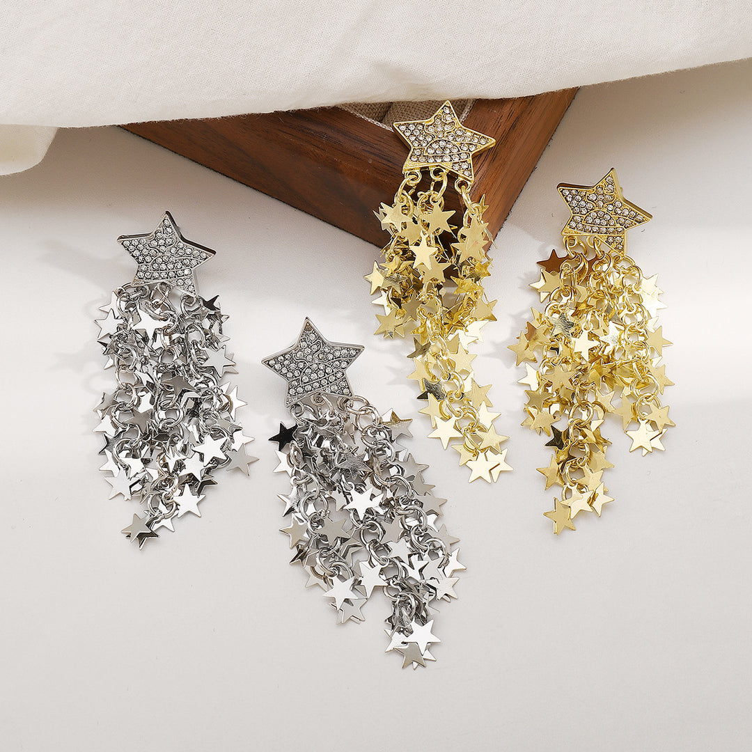 cascading star drop earrings with rhinestone studs - NOVAZILU