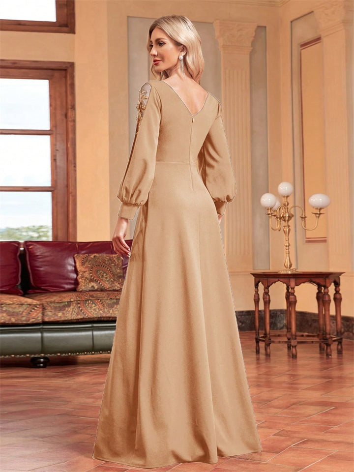 chiffon-sleeve evening gown with beaded waist – MIDNIGHT POISE