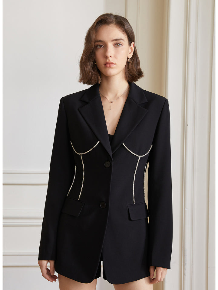 tailored black blazer with crystal-trim detailing – CELENE