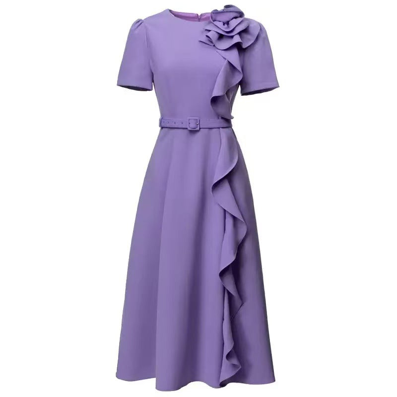 belted midi dress with cascading ruffle rose detail – FUCHSIA