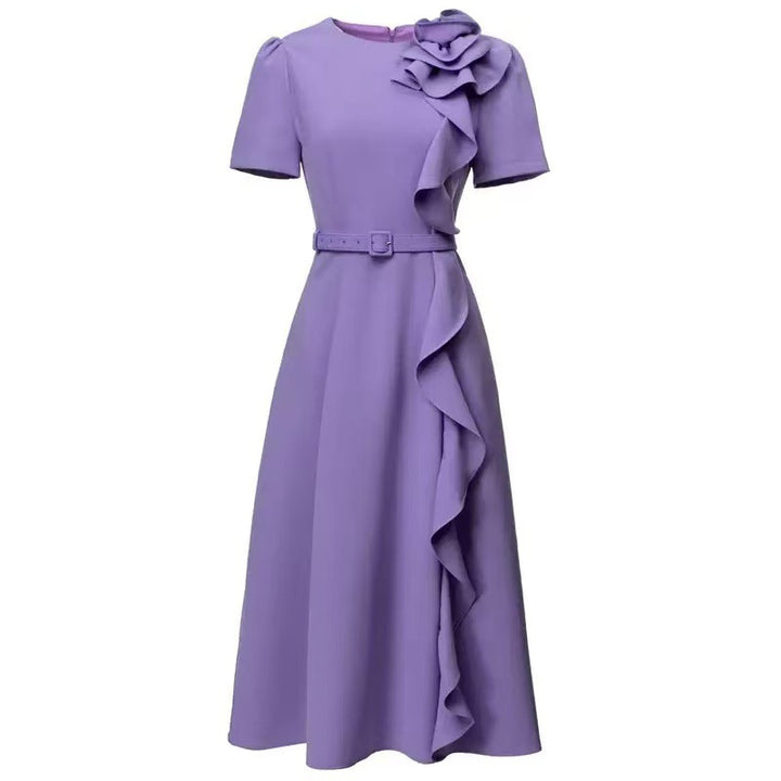 belted midi dress with cascading ruffle rose detail – FUCHSIA