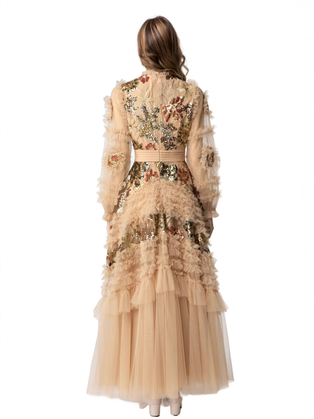 فستان من التول المكشكش مع تطريز بالترتر الزهري – أورورا