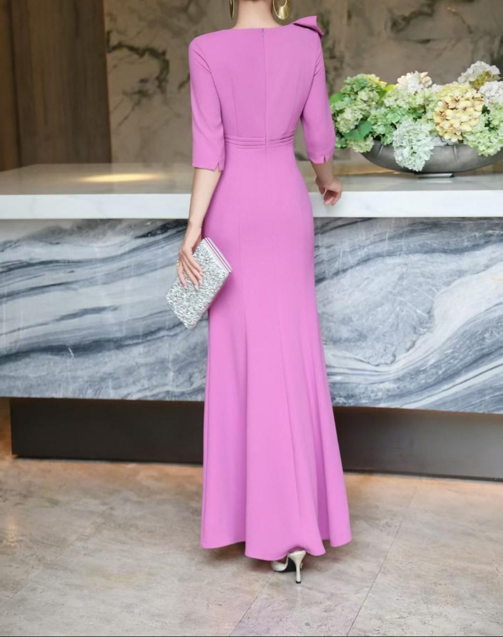 embellished draped-collar mermaid dress – ROYAL FUCHSIA