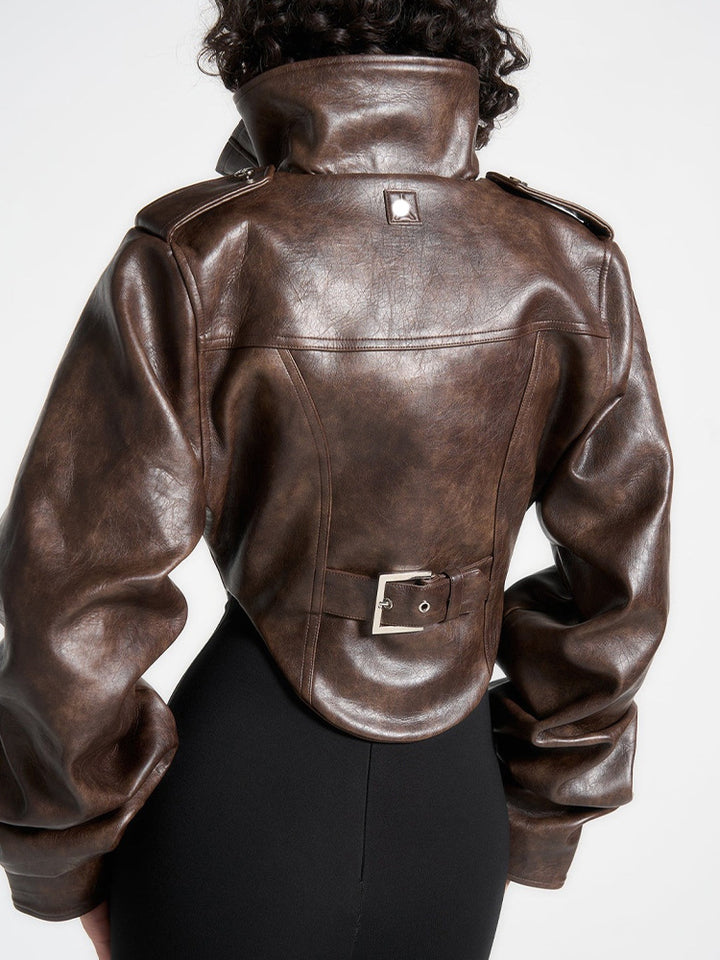 cropped leather jacket with high collar – AERO