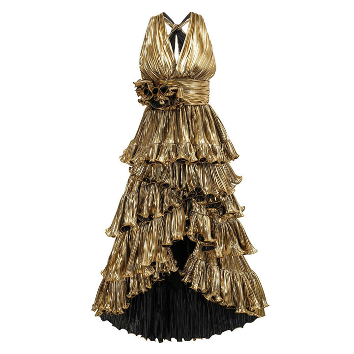 metallic pleated halter dress with tiered ruffles – DALSE