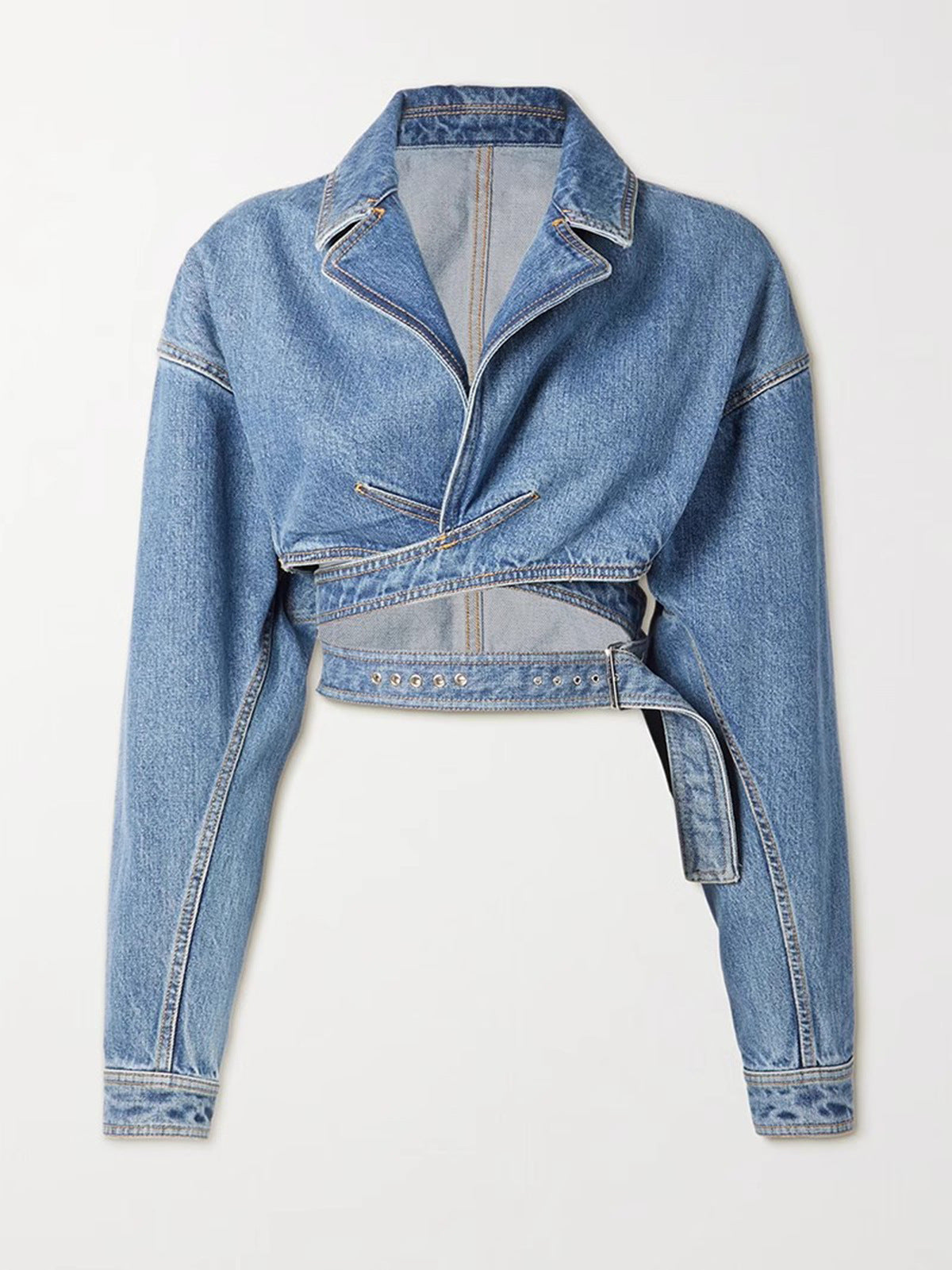 cropped asymmetrical denim jacket with belted detail - RAXEN