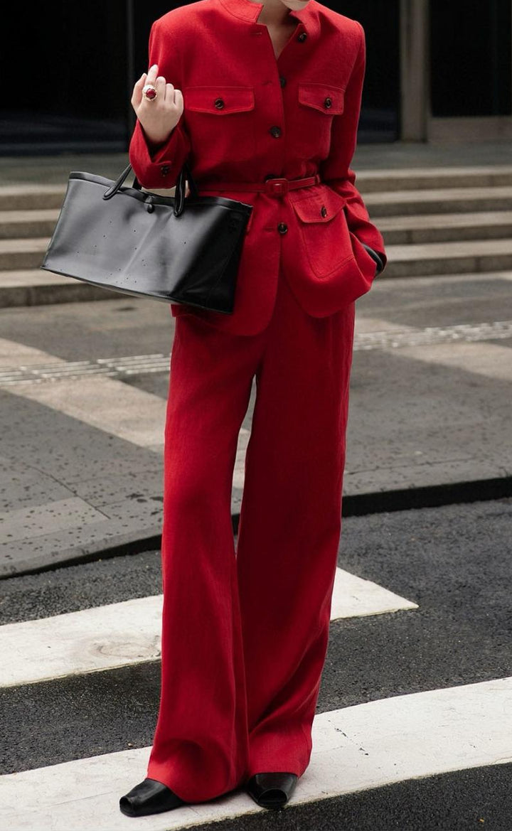 سترة بليزر بياقة ماندرين وحزام مع بنطلون واسع الساق - روزيتا