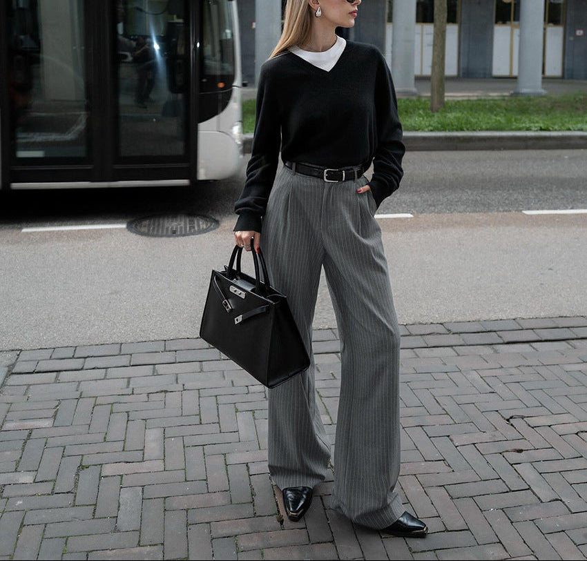 pinstripe tailored wide-leg trousers with high waist – VICTOIRE