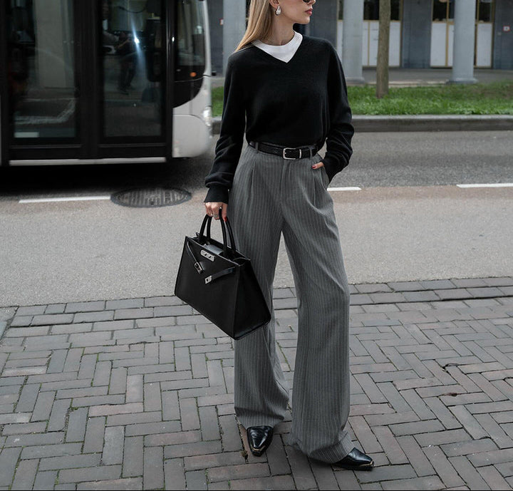 pinstripe tailored wide-leg trousers with high waist – VICTOIRE