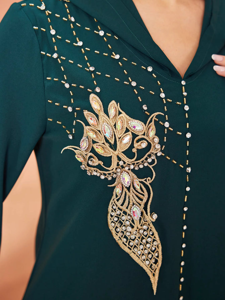 flared sleeve kaftan dress with embellished appliqués - AMIRZANU