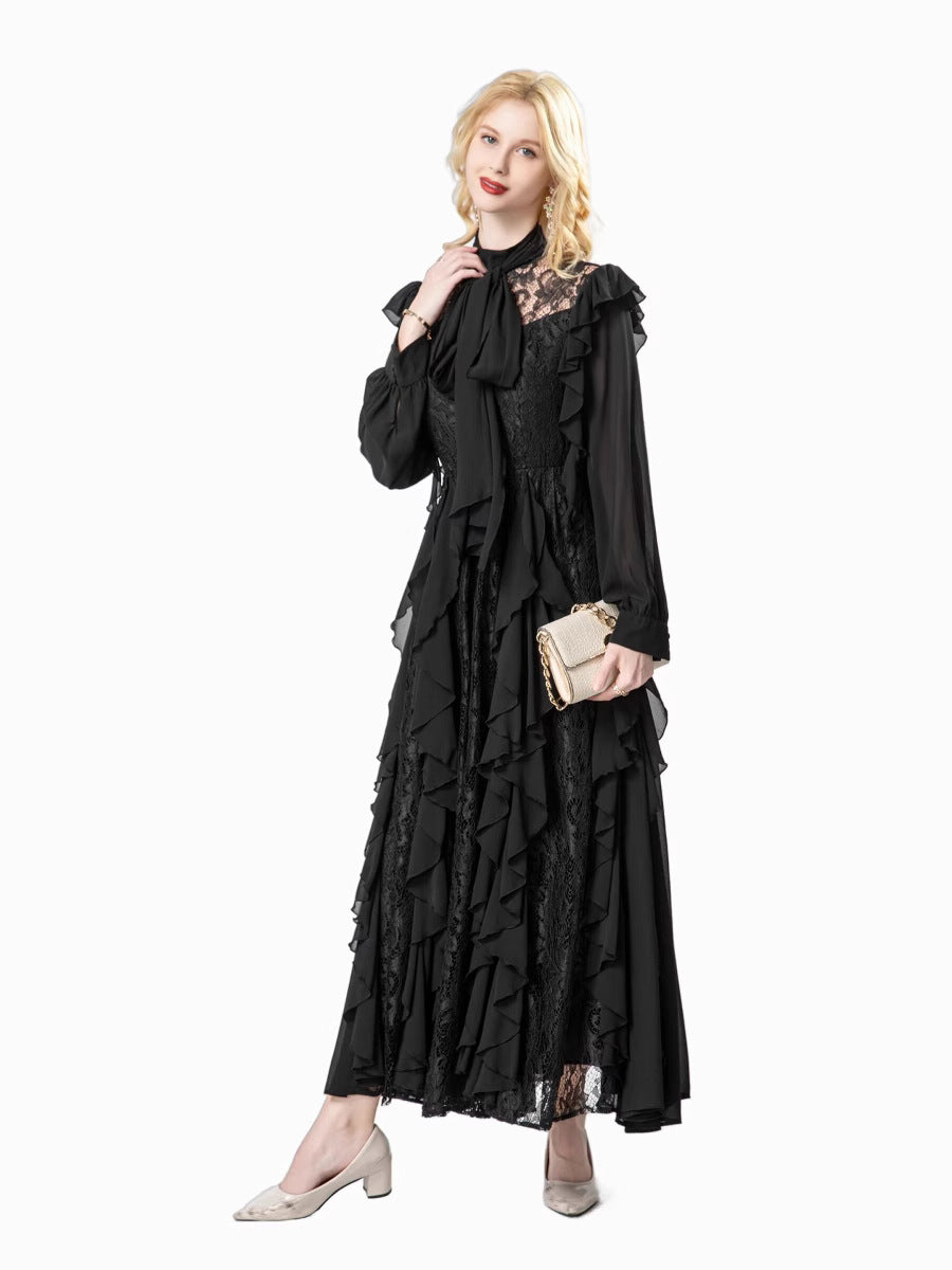 long-sleeve lace gown with cascading ruffle panels – VERONA