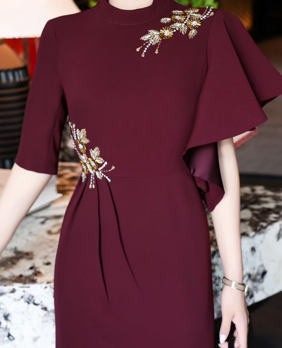 asymmetric sleeve gown with gold floral embellishments – RIVERA