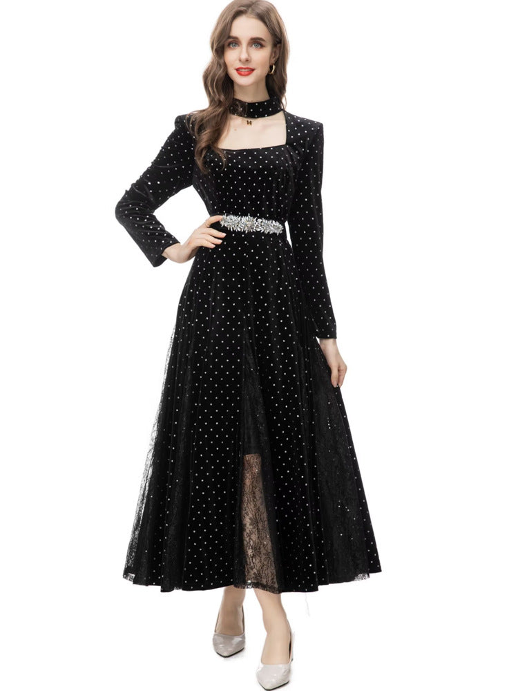 velvet polka dot gown with choker neckline and embellished belt – STELLAR