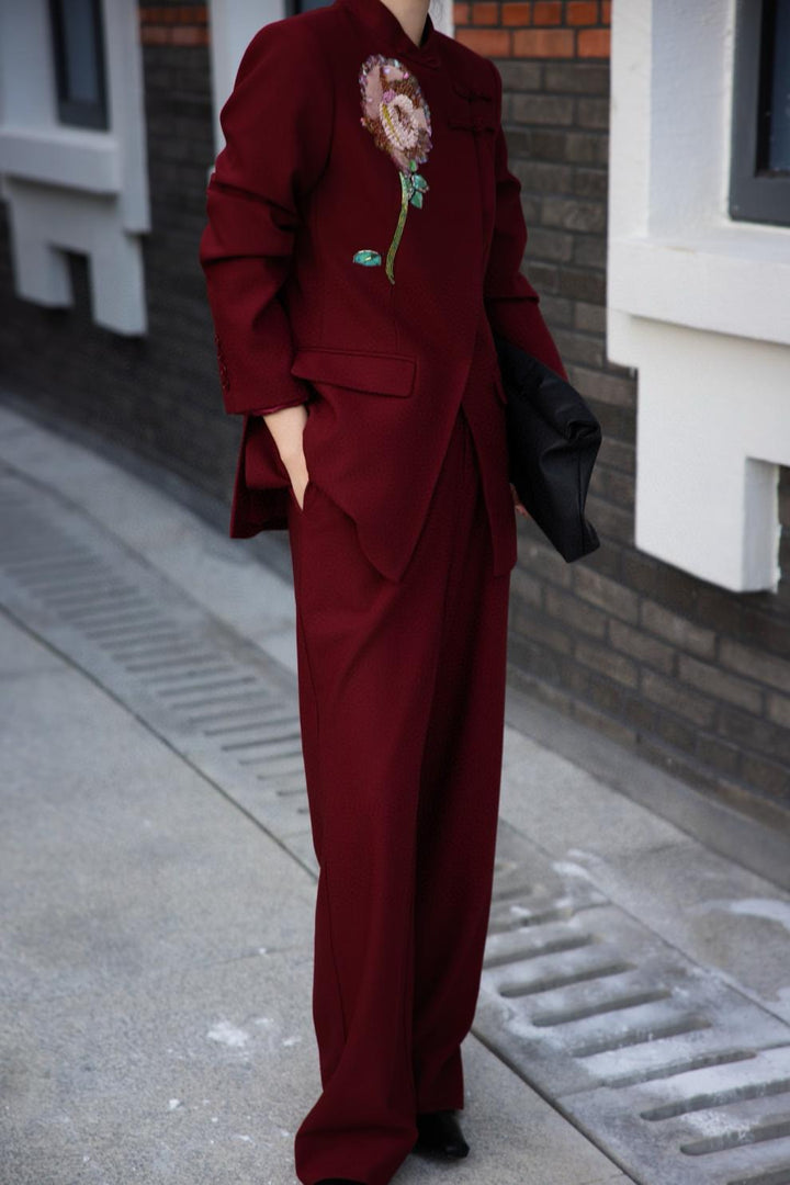 black tailored blazer with sequin floral embroidery – ARLETTE