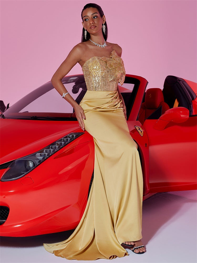 strapless satin gown with embellished bodice – AURELIA