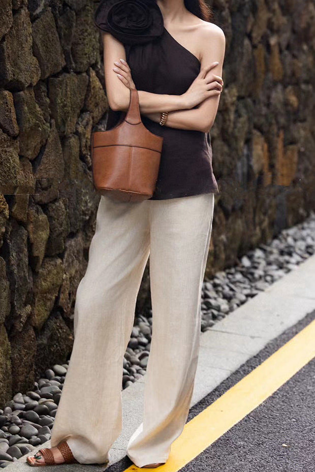 one-shoulder draped top with wide-leg linen trousers – IVORY