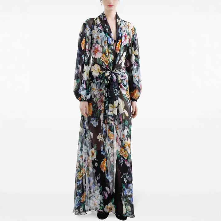 floral chiffon maxi dress with front tie – SERENA