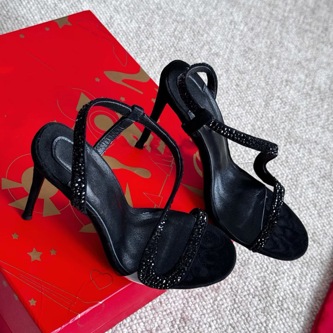 asymmetric rhinestone strap stiletto sandals – SELENEVRI