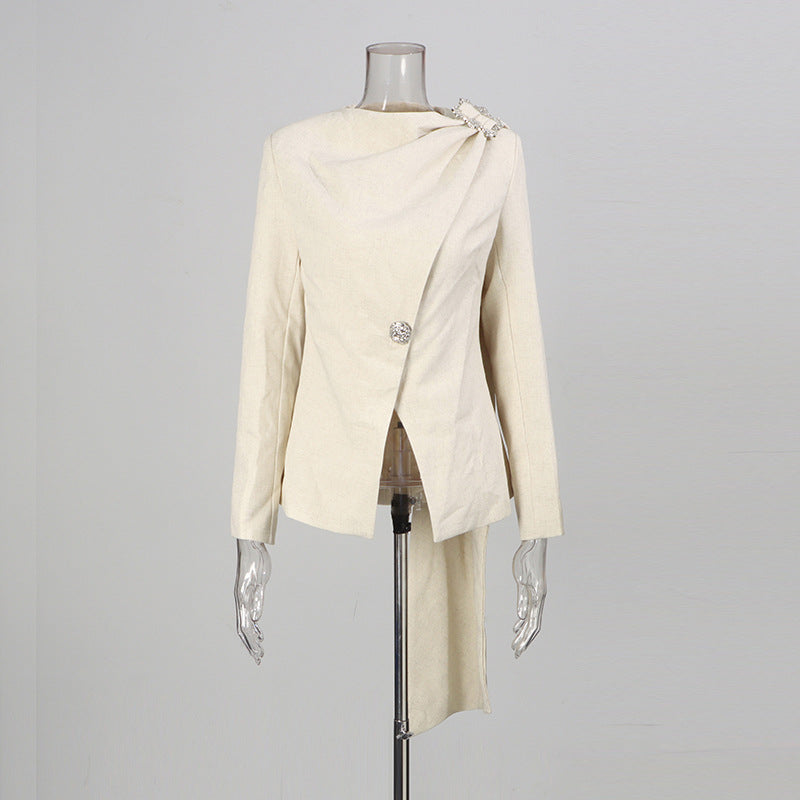 asymmetric draped blazer with crystal shoulder detail – IVORYA