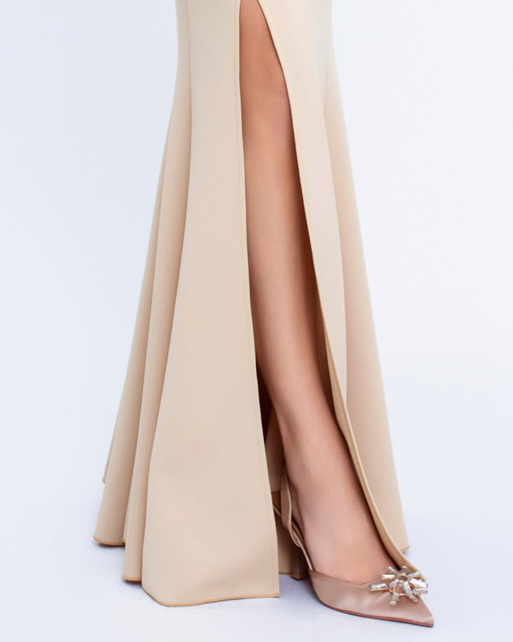 off-shoulder gown with floral appliqué and side ruffle – SERENATJI