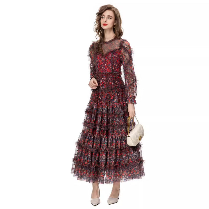 floral mesh tiered gown with sheer sleeves – VIVIENNE