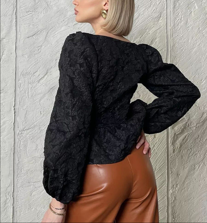 brocade puff-sleeve blouse with square neckline – DAMARA