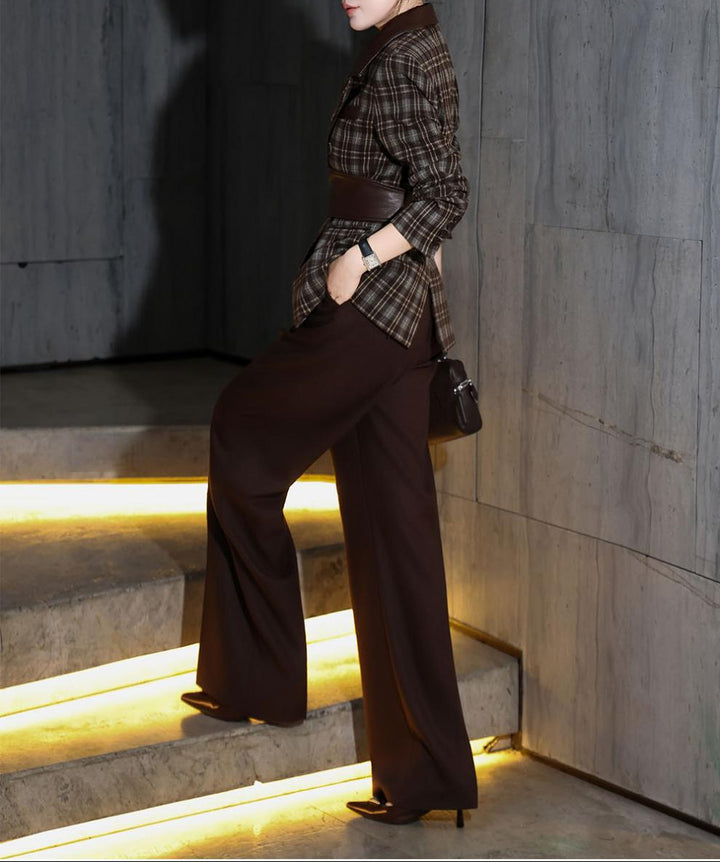 plaid tailored blazer with leather belt & wide-leg trousers – MARCELLA