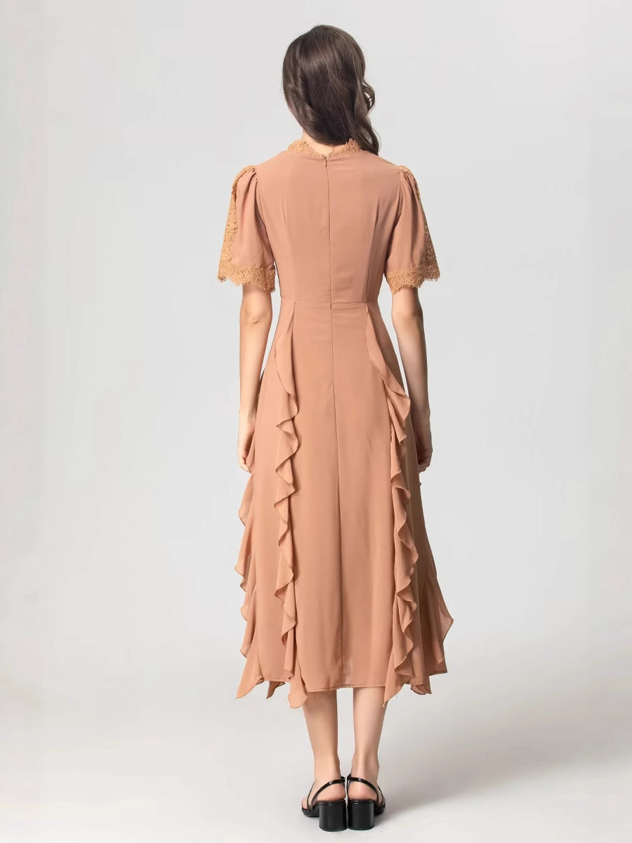 pleated lace midi dress with cascading ruffles – SIENNA