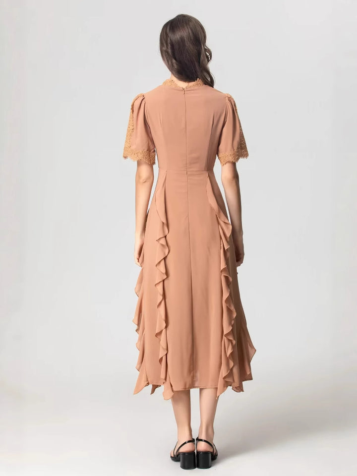 pleated lace midi dress with cascading ruffles – SIENNA