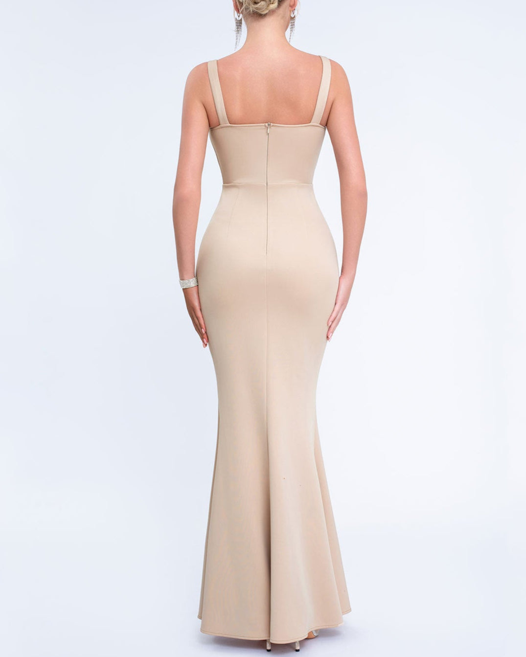 sleeveless column dress with draped neckline and floral accents – SERENABI