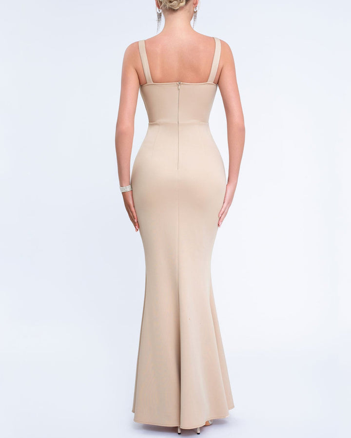 sleeveless column dress with draped neckline and floral accents – SERENABI