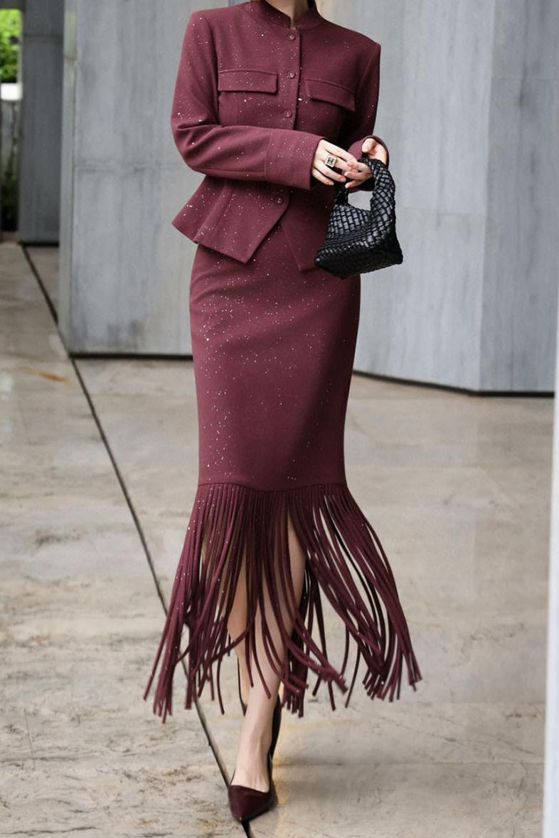 two-piece tailored blazer set with embellished fringe skirt – MIRAYA