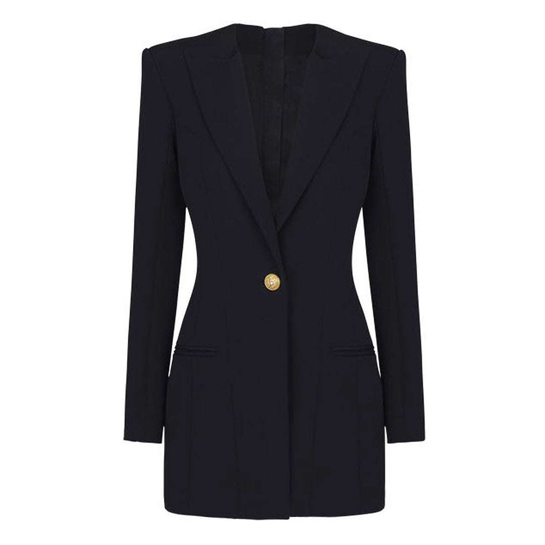 structured blazer mini dress with single gold button – AURA
